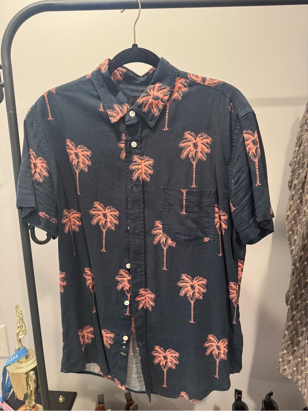 Rails Navy Short-Sleeve Button-Up Shirt with Coral Palm Print